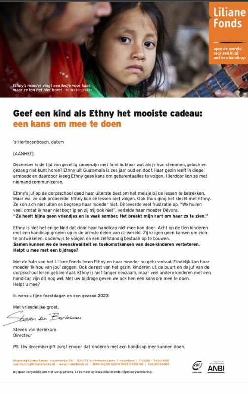 Liliane Fonds, begeleidende brieven bij Nieuwsbrief, copy door Sabrina Langerak.
