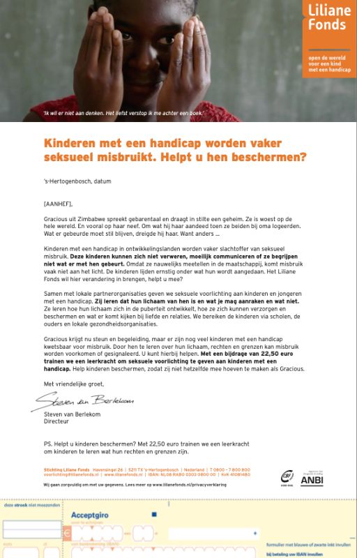 Liliane Fonds, begeleidende brieven bij Nieuwsbrief, copy door Sabrina Langerak.