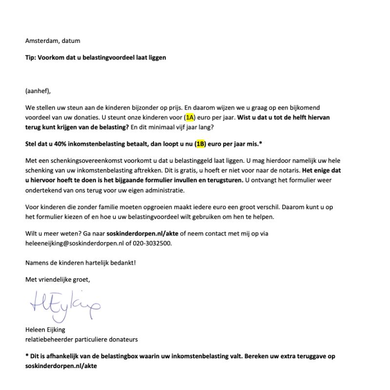 SOS Kinderdorpen periodiek schenken DM brief, copy door Sabrina Langerak.